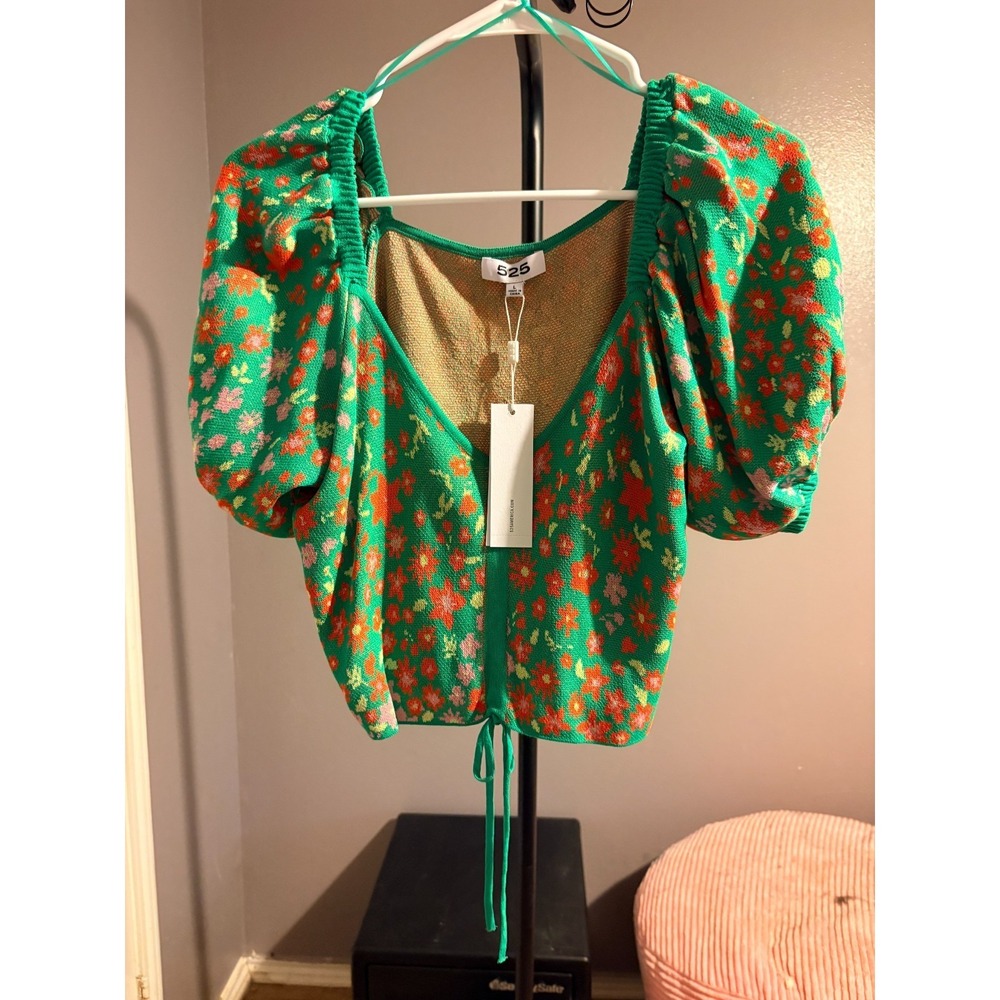 525 America‎ Green Floral Knit Crop Top Short Puff Sleeve Square Neck Size L